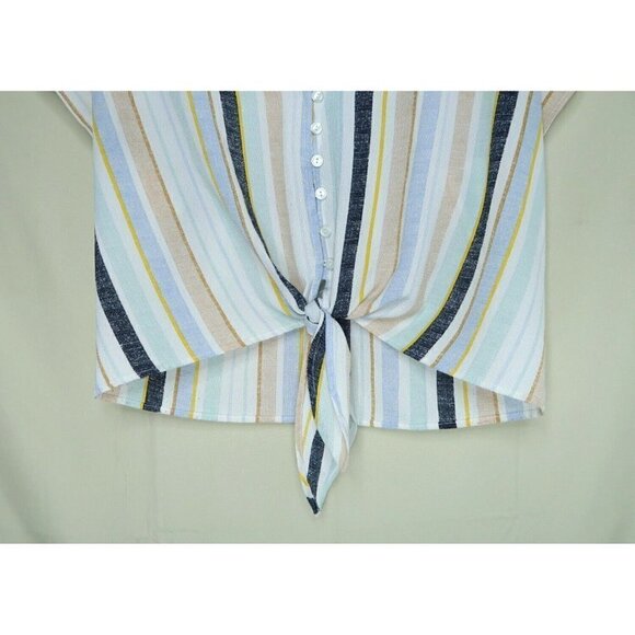 Sadie and Sage Cream Gray Striped Tie Front Crepe Short Sleeves Womens Sz Small - Picture 3 of 9